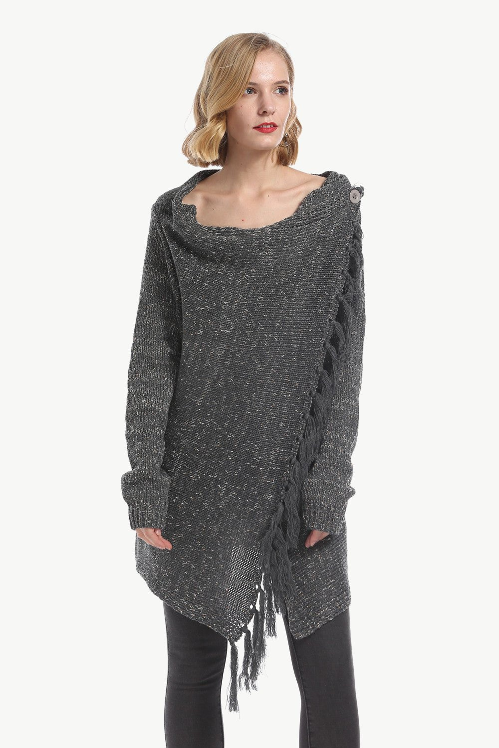 One-Button Tassel Tie Asymmetrical Hem Cardigan - Witcheasy
