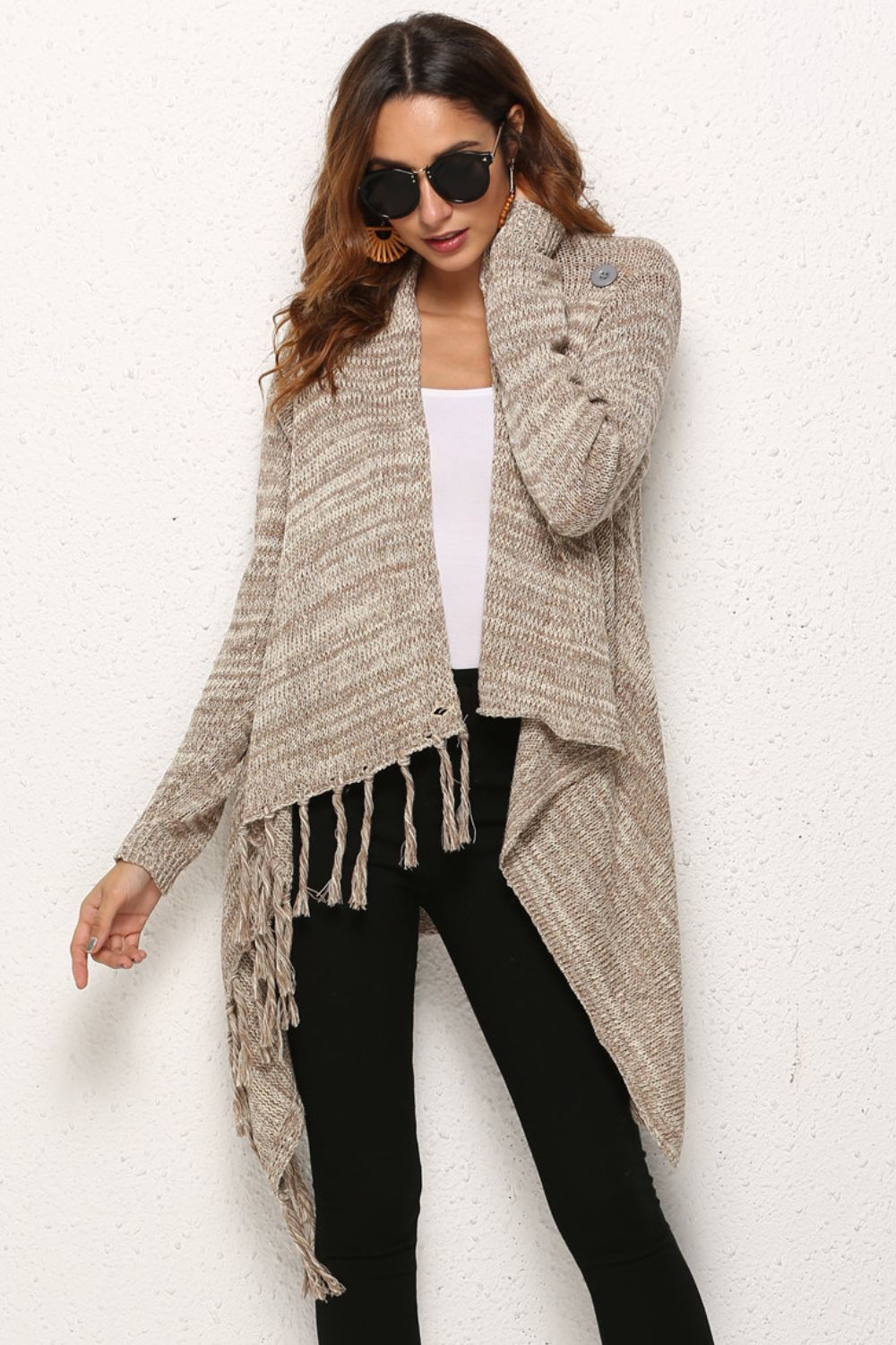 One-Button Tassel Tie Asymmetrical Hem Cardigan - Witcheasy
