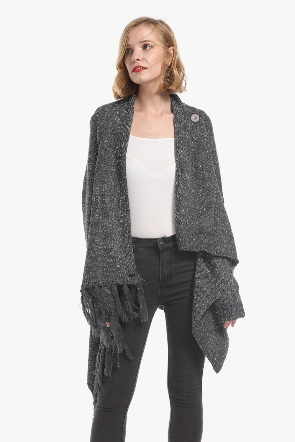 One-Button Tassel Tie Asymmetrical Hem Cardigan - Witcheasy