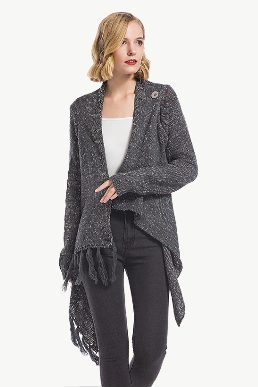 One-Button Tassel Tie Asymmetrical Hem Cardigan - Witcheasy