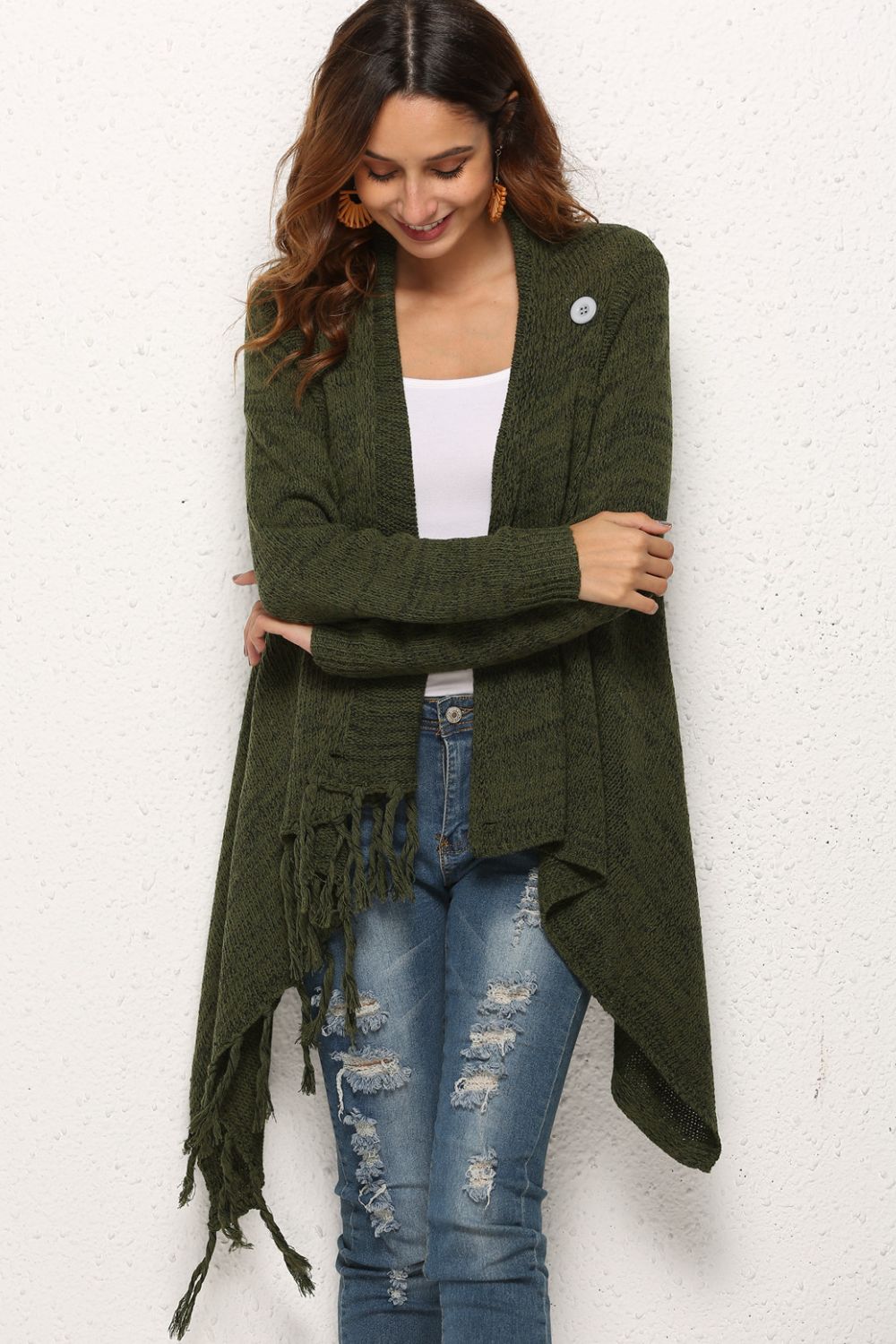 One-Button Tassel Tie Asymmetrical Hem Cardigan - Witcheasy