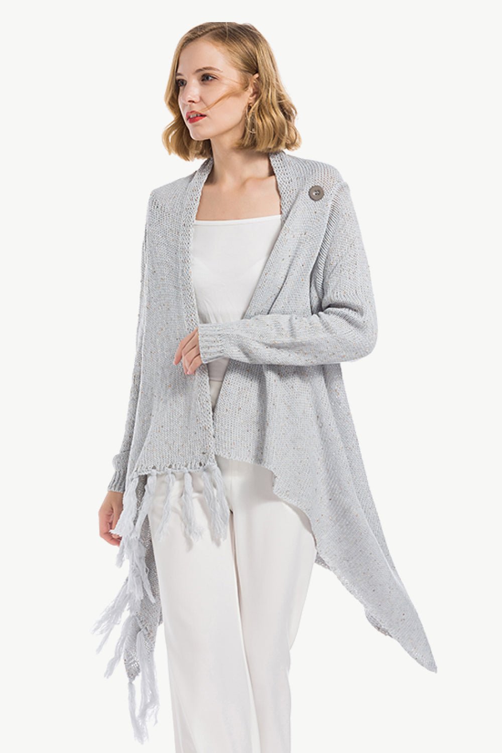 One-Button Tassel Tie Asymmetrical Hem Cardigan - Witcheasy