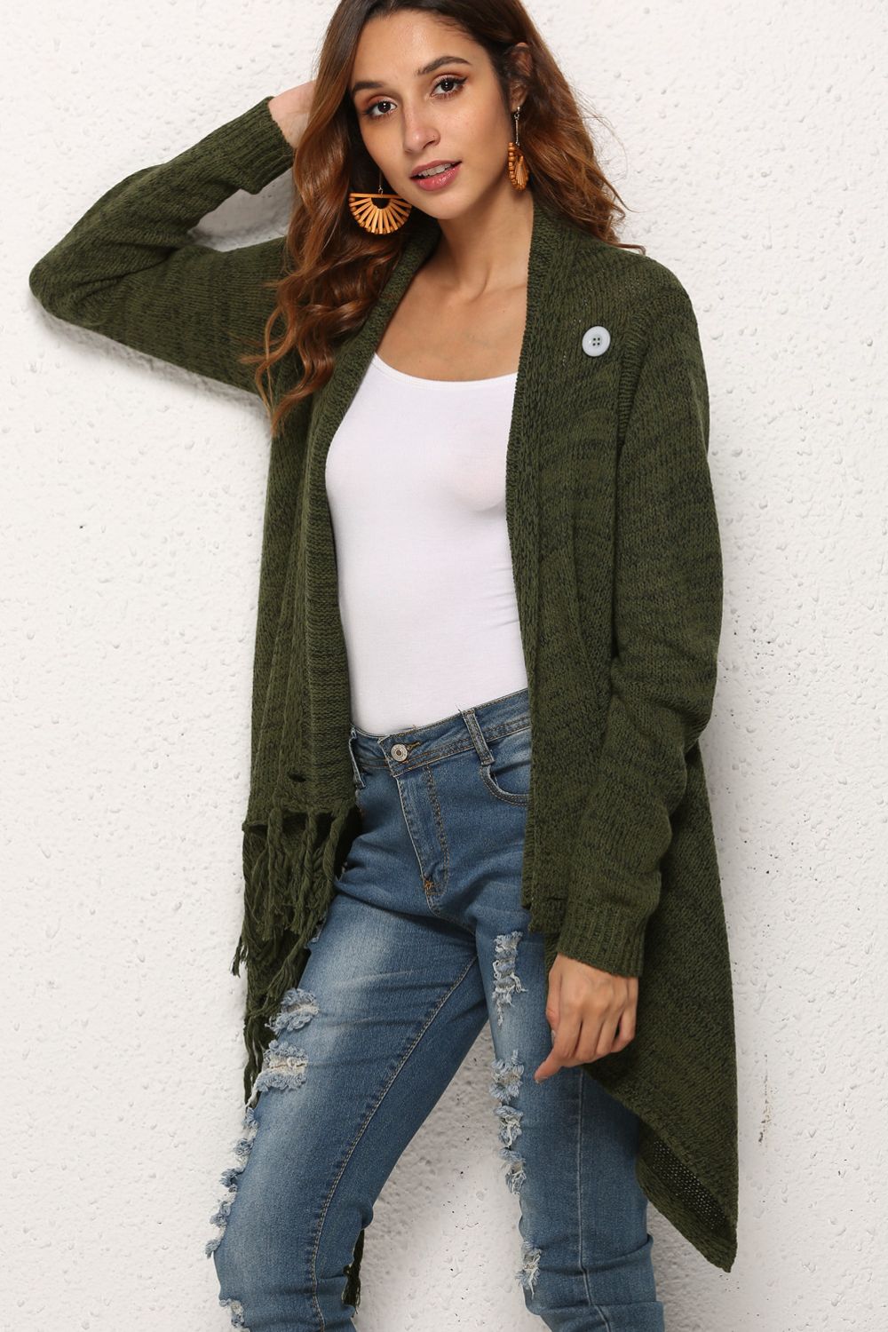 One-Button Tassel Tie Asymmetrical Hem Cardigan - Witcheasy
