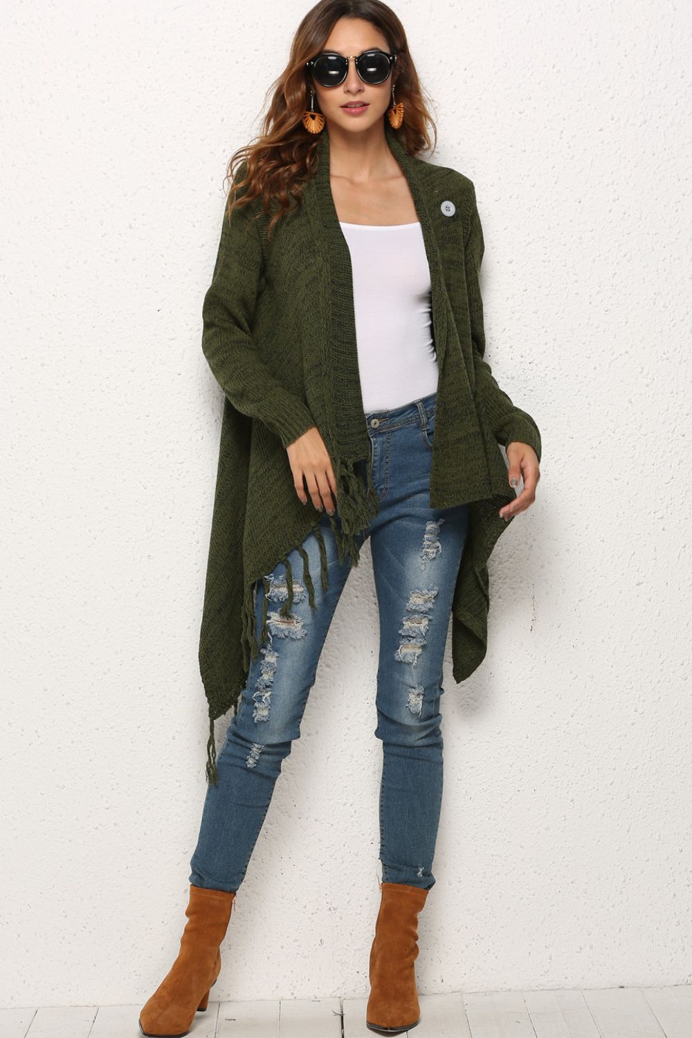 One-Button Tassel Tie Asymmetrical Hem Cardigan - Witcheasy