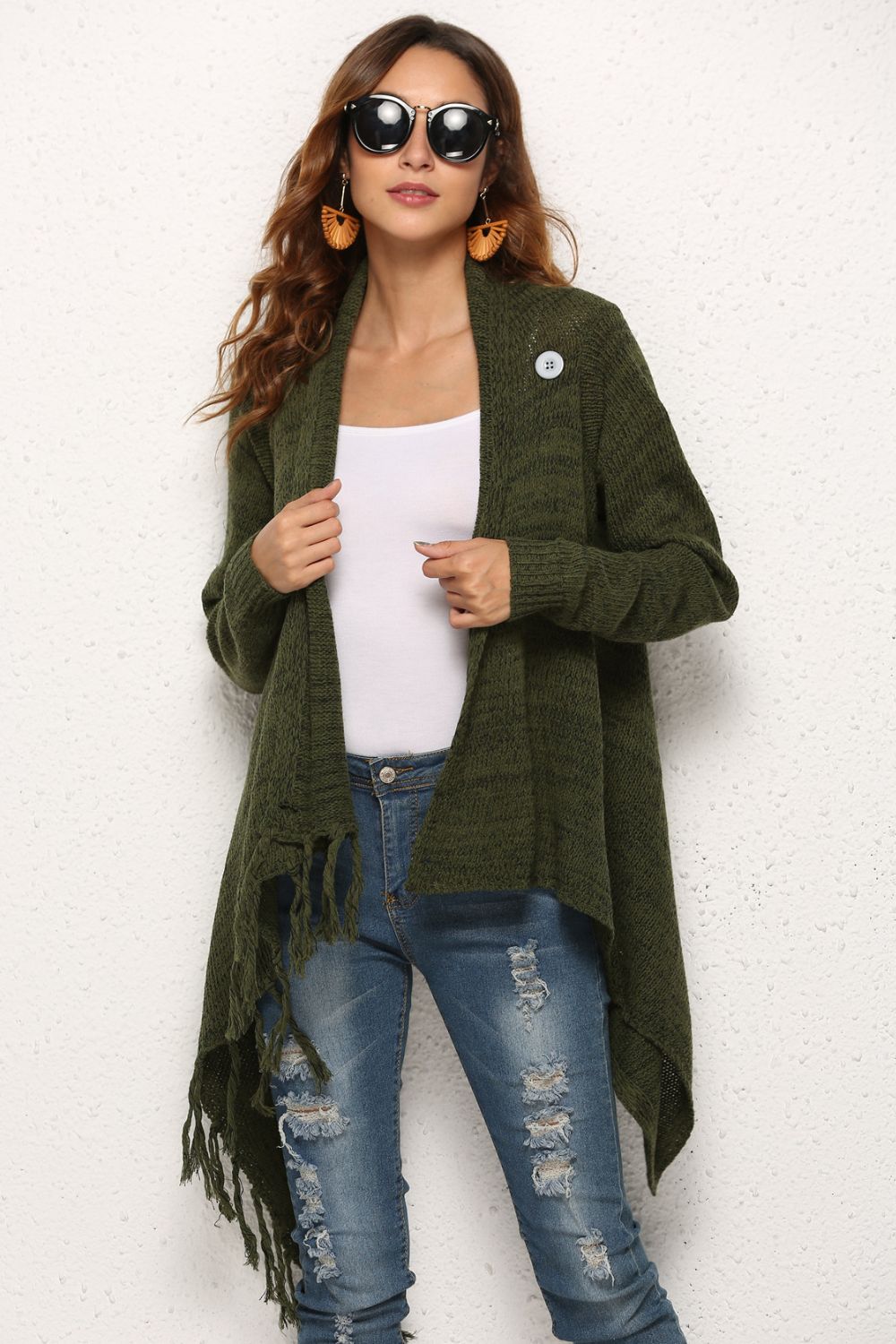 One-Button Tassel Tie Asymmetrical Hem Cardigan - Witcheasy