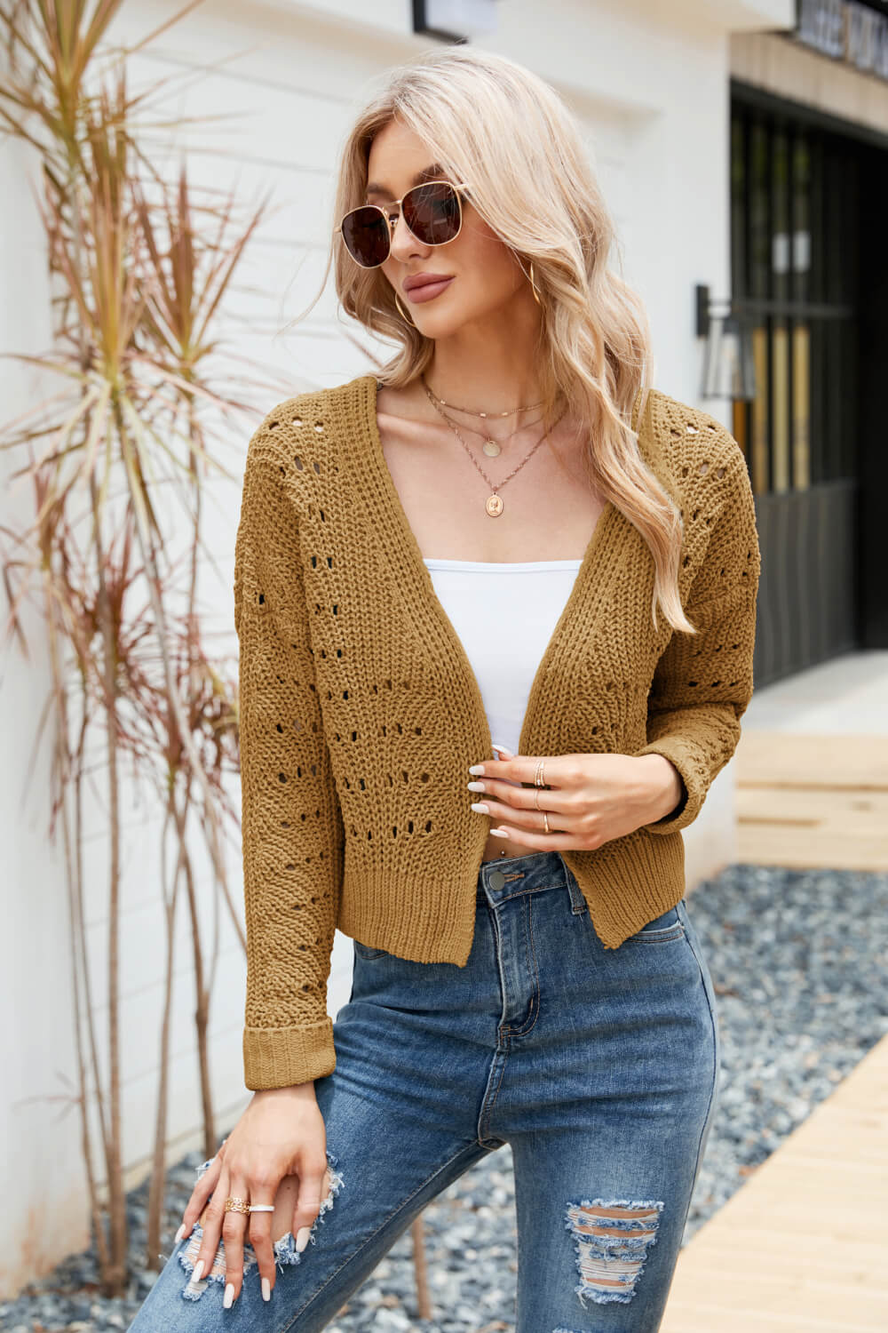 Open Front Cuffed Cropped Cardigan - Witcheasy