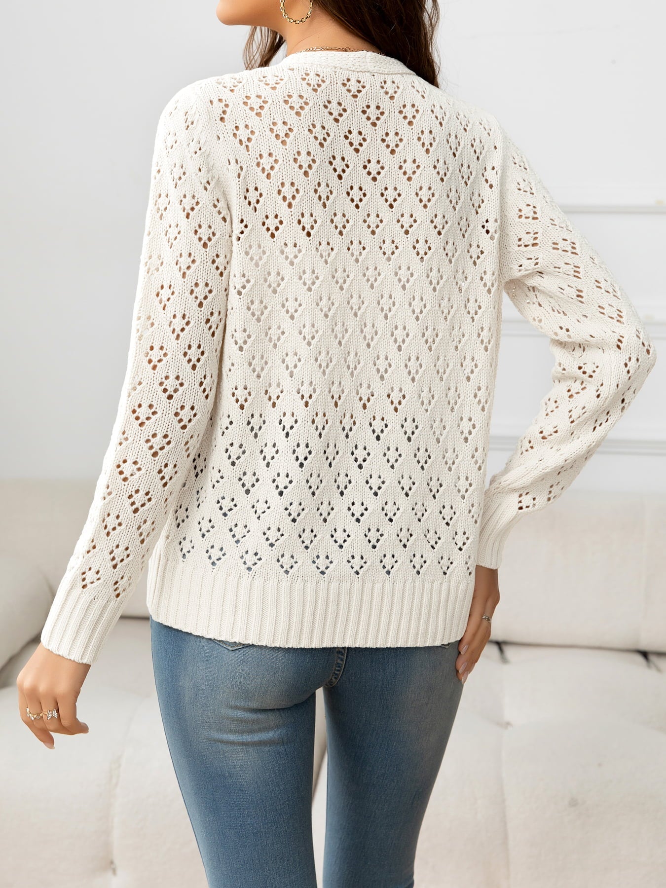 Openwork V-Neck Buttoned Knit Top - Witcheasy