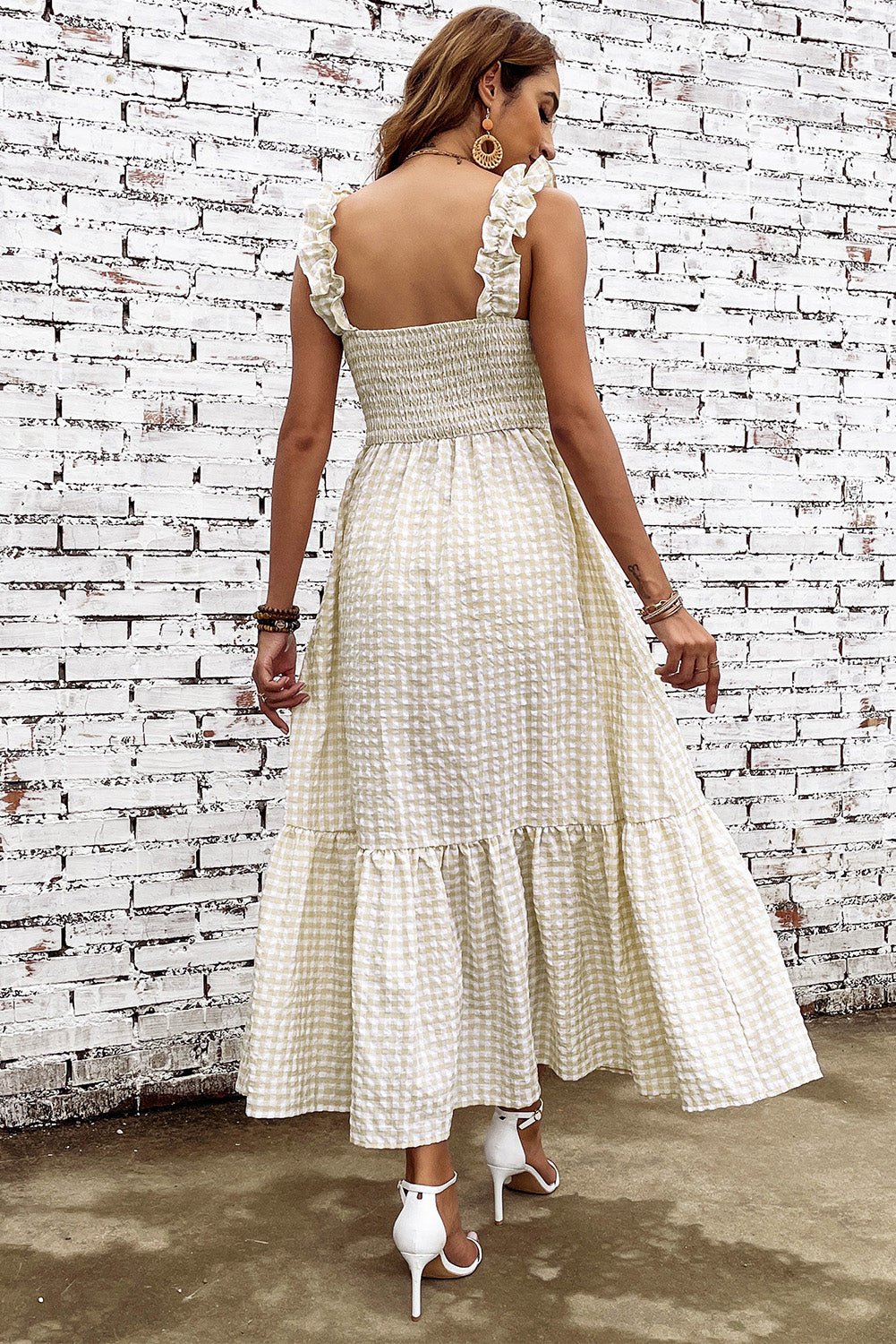 Plaid Ruffle Strap Square Neck Dress - Witcheasy