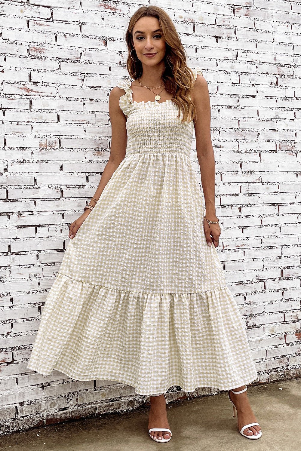Plaid Ruffle Strap Square Neck Dress - Witcheasy