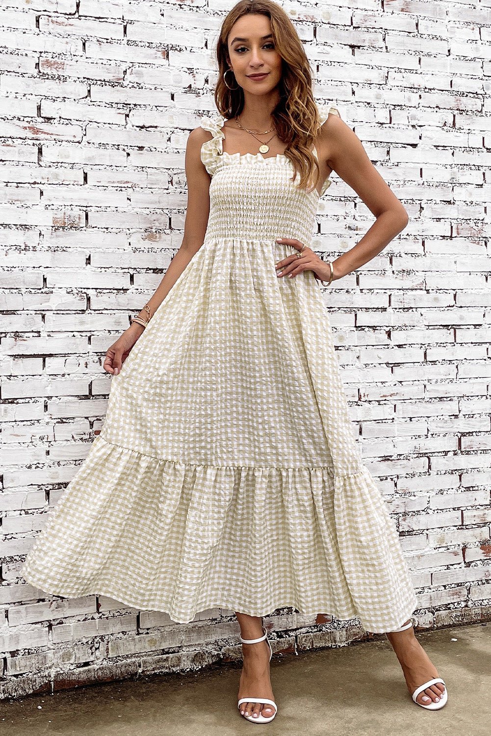 Plaid Ruffle Strap Square Neck Dress - Witcheasy