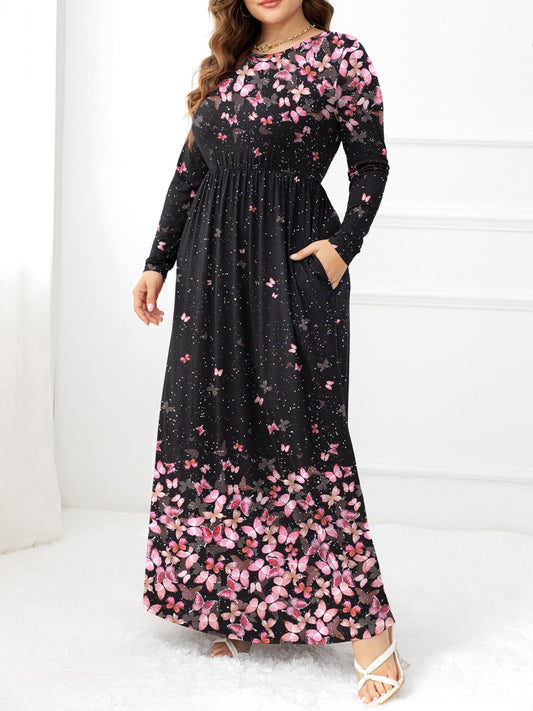 Plus Size Round Neck Maxi Dress with Pockets - Witcheasy