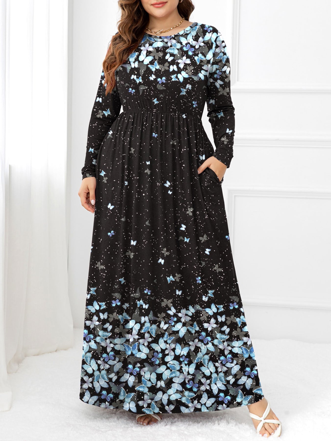 Plus Size Round Neck Maxi Dress with Pockets - Witcheasy