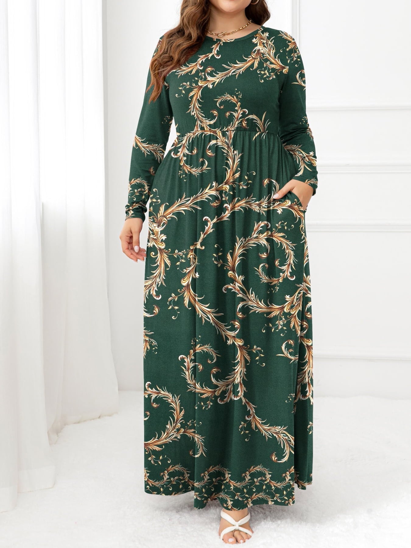 Plus Size Round Neck Maxi Dress with Pockets - Witcheasy