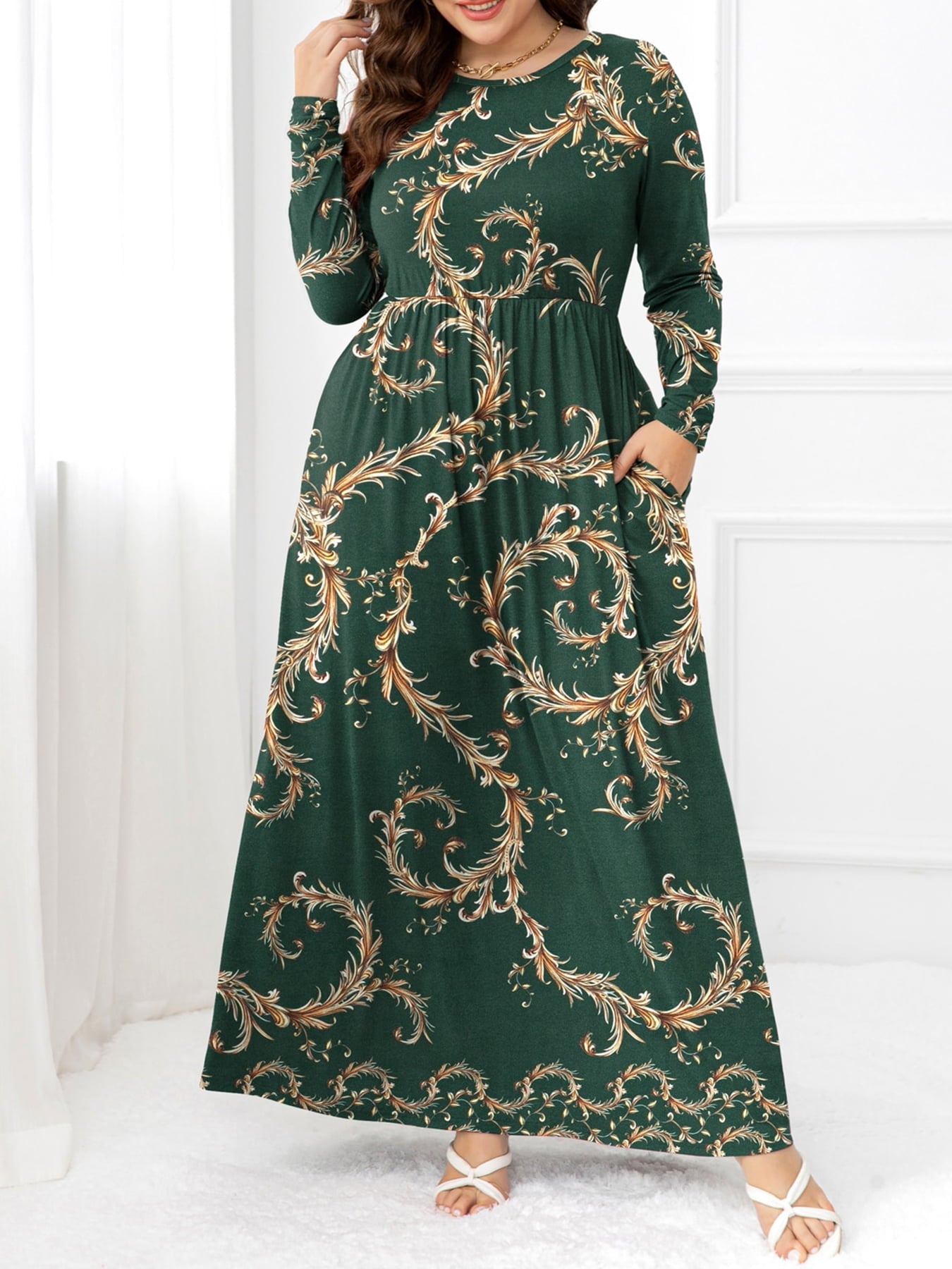 Plus Size Round Neck Maxi Dress with Pockets - Witcheasy