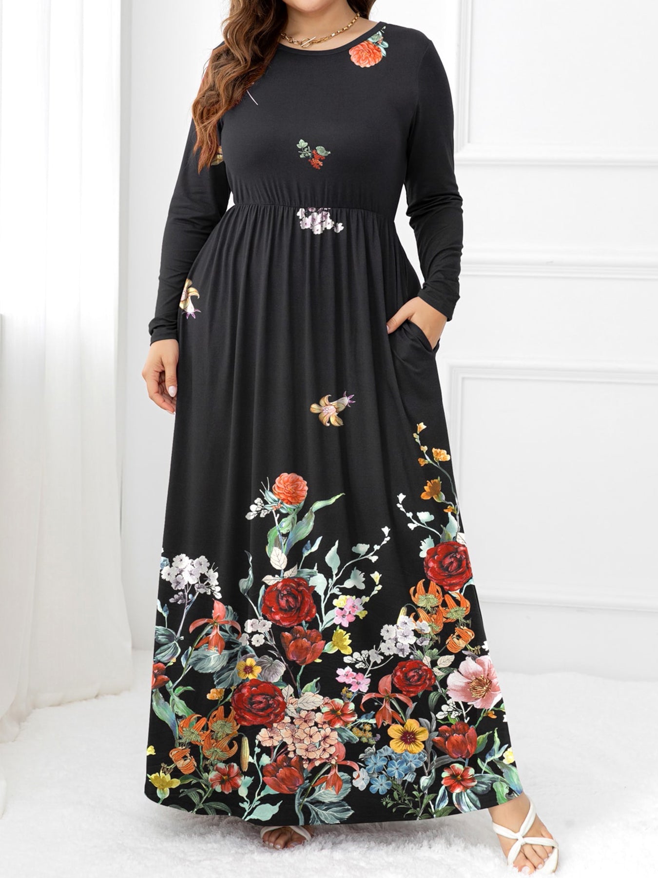 Plus Size Round Neck Maxi Dress with Pockets - Witcheasy