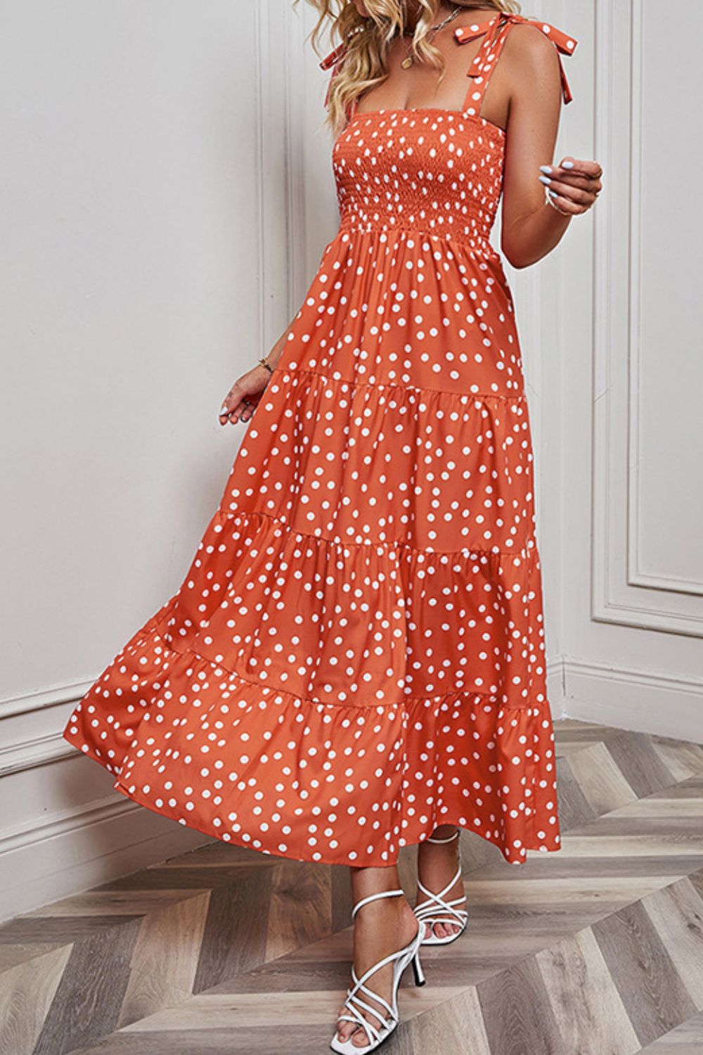 Polka Dot Smocked Tiered Sleeveless Dress - Witcheasy