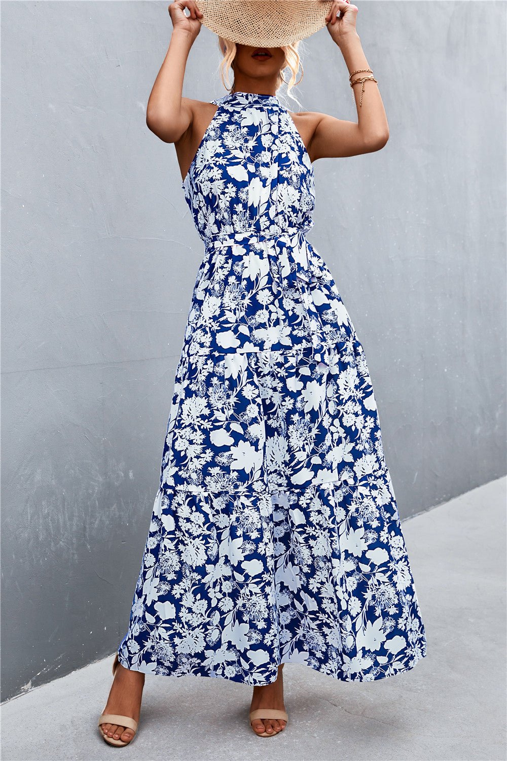 Printed Sleeveless Tie Waist Maxi Dress - Witcheasy