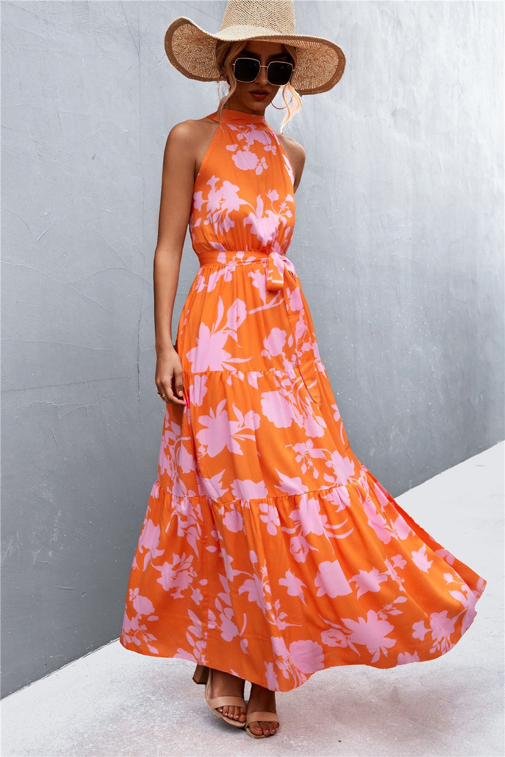 Printed Sleeveless Tie Waist Maxi Dress - Witcheasy