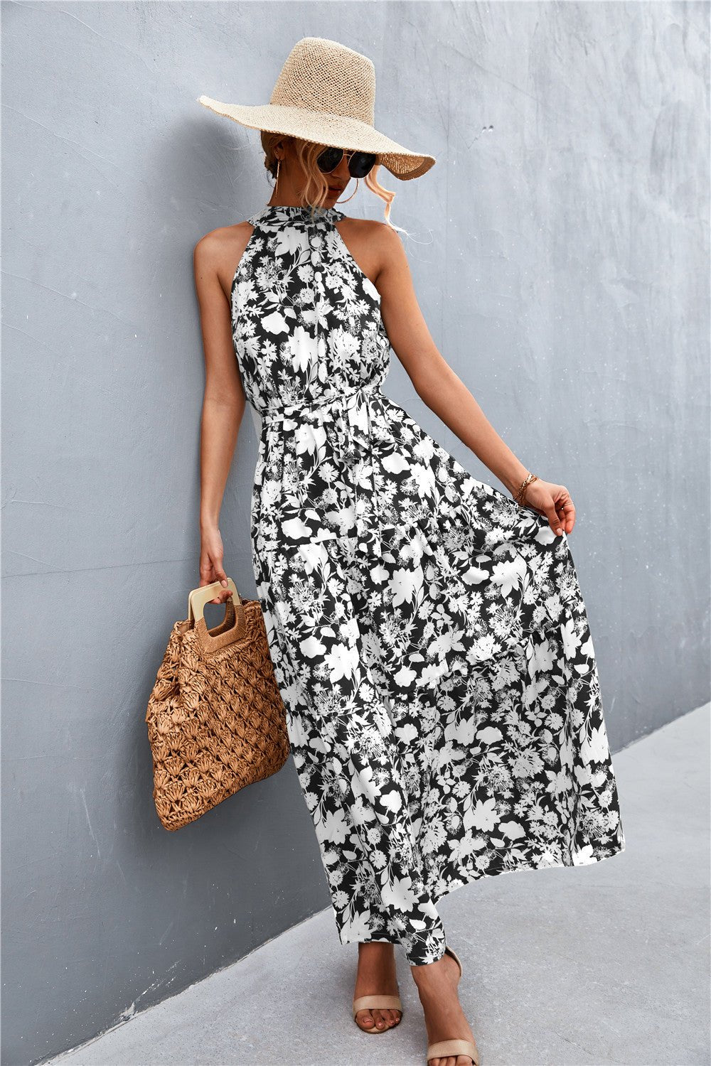 Printed Sleeveless Tie Waist Maxi Dress - Witcheasy