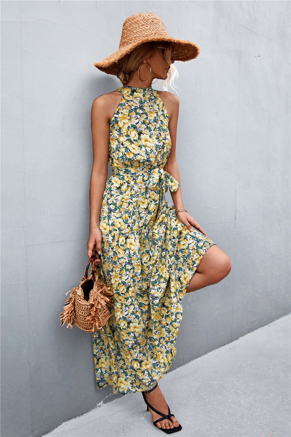 Printed Sleeveless Tie Waist Maxi Dress - Witcheasy