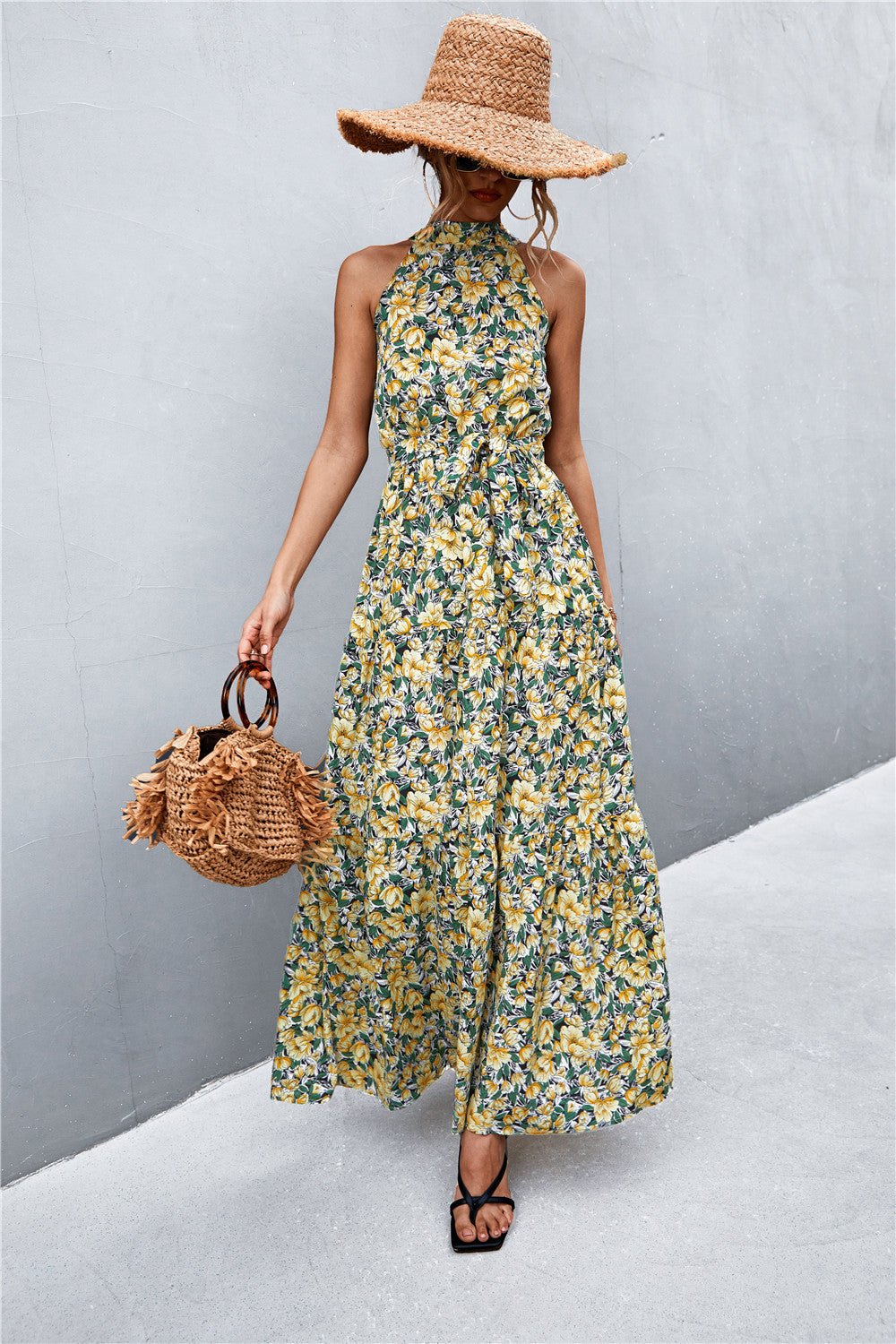 Printed Sleeveless Tie Waist Maxi Dress - Witcheasy