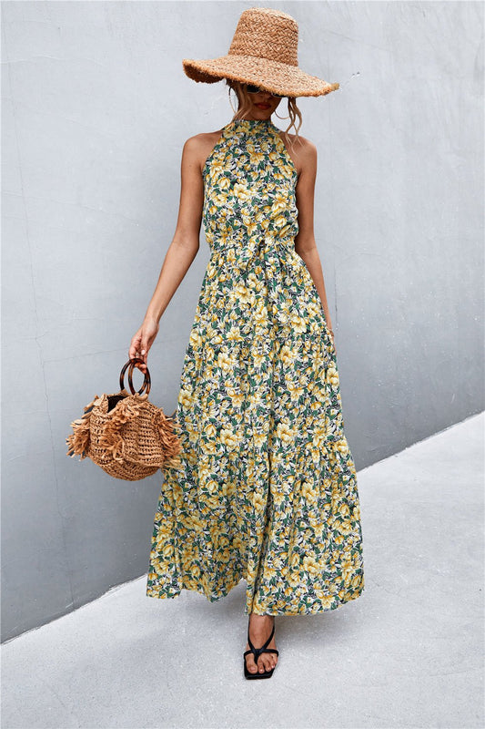 Printed Sleeveless Tie Waist Maxi Dress - Witcheasy