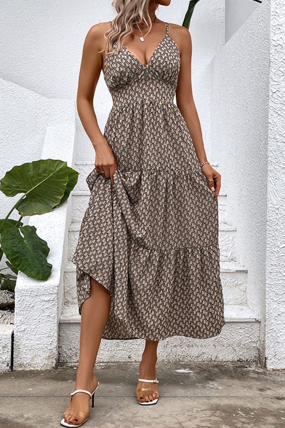 Printed Spaghetti Strap Tie Back Dress - Witcheasy