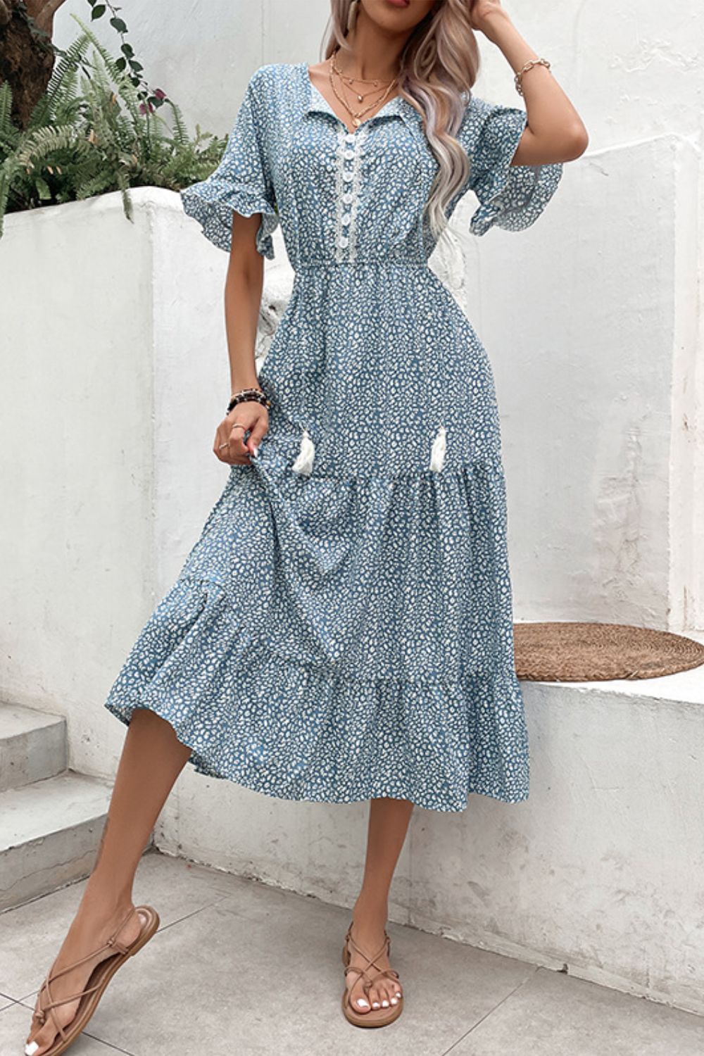 Printed Tassel Tie Flounce Sleeve Dress - Witcheasy