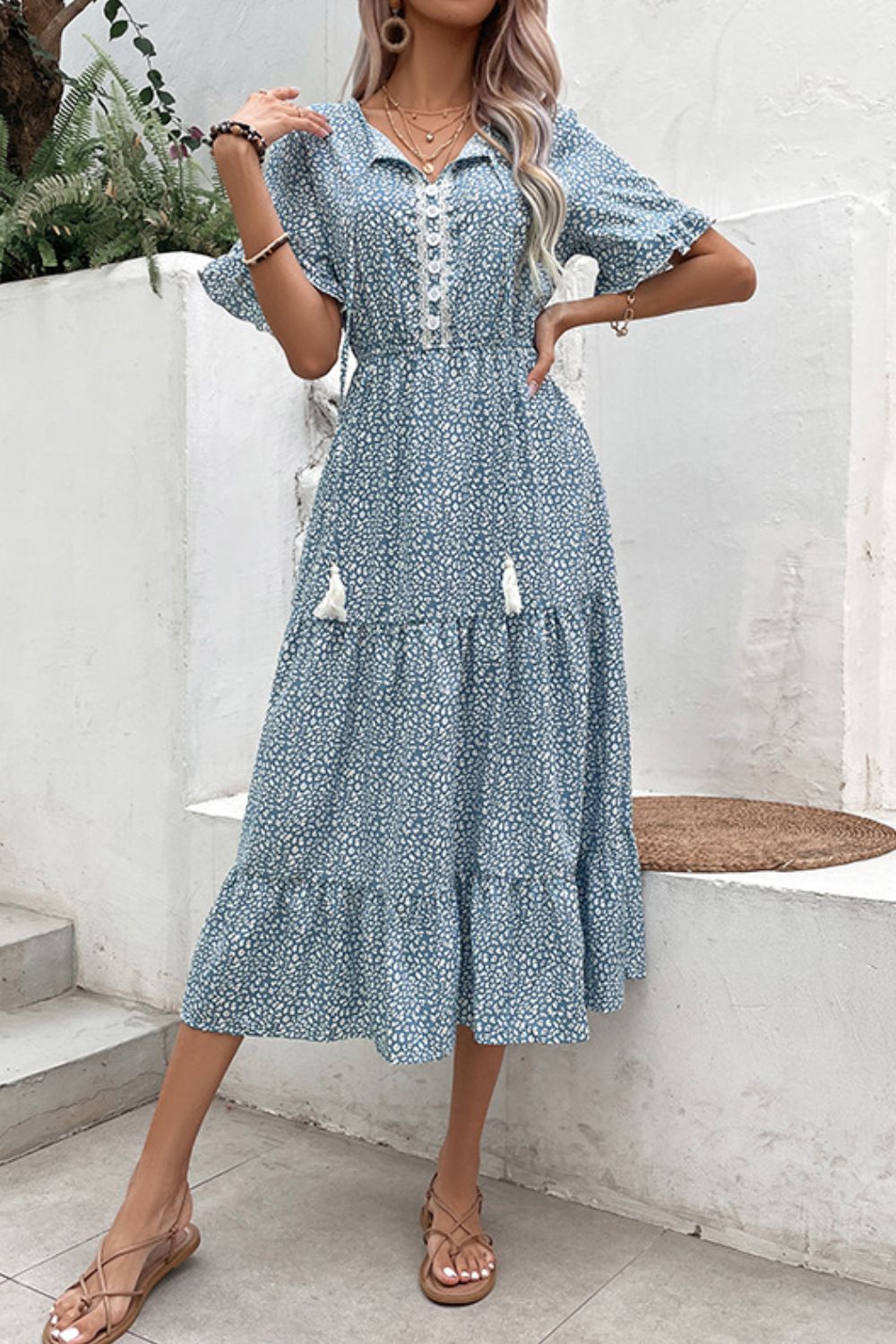 Printed Tassel Tie Flounce Sleeve Dress - Witcheasy