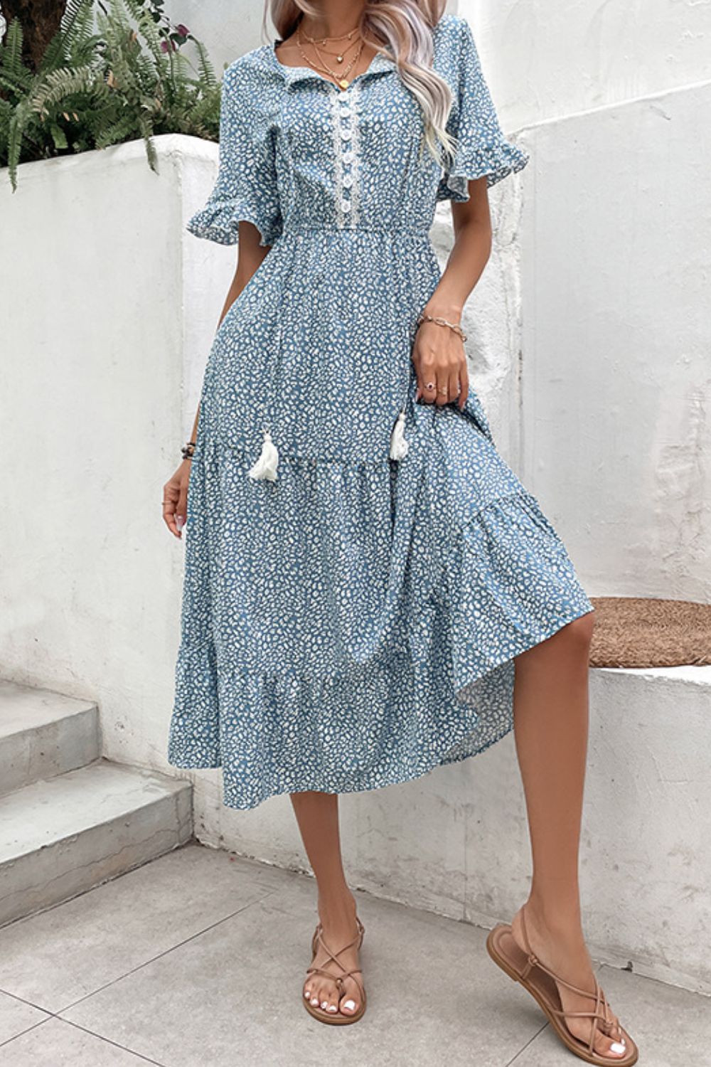 Printed Tassel Tie Flounce Sleeve Dress - Witcheasy