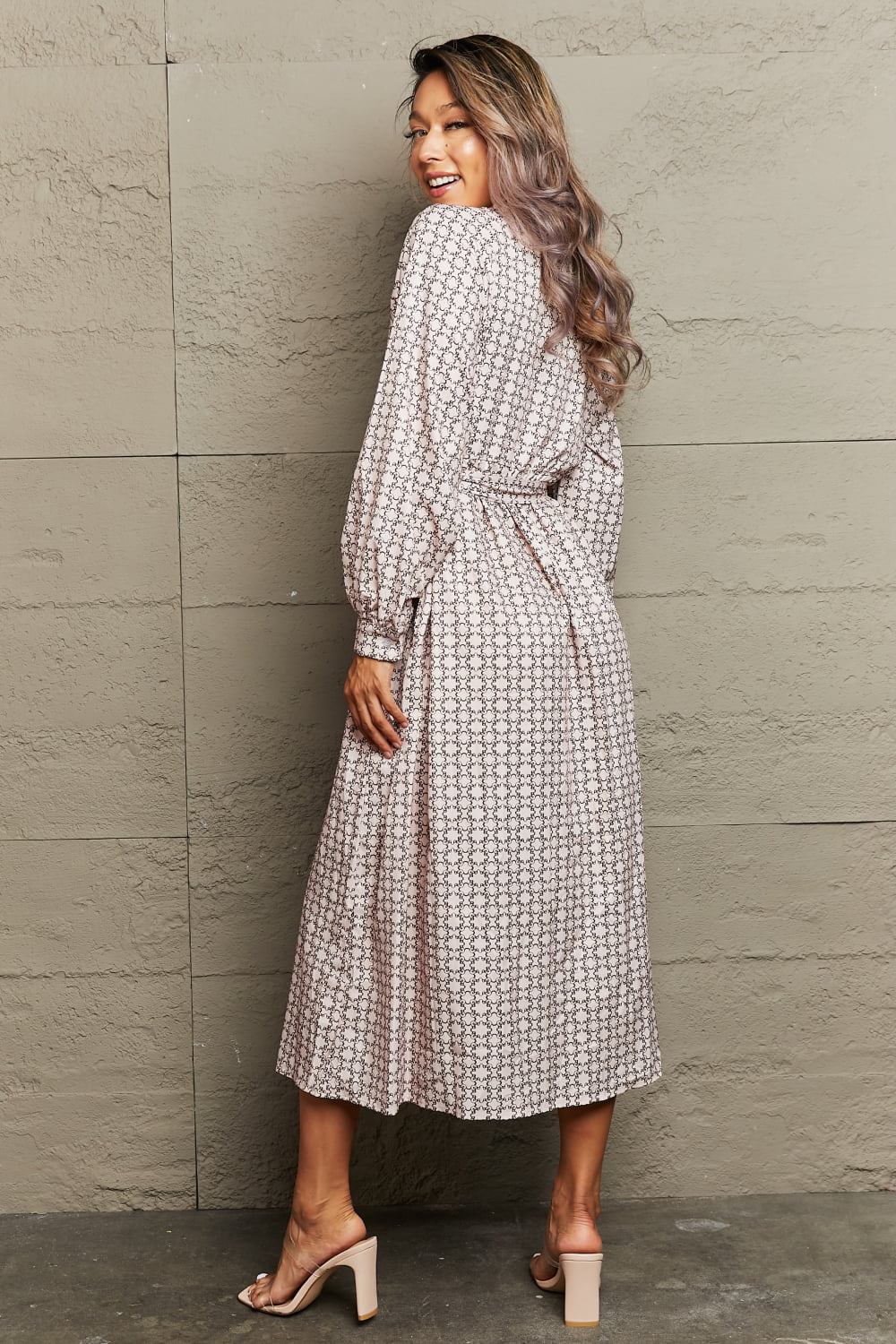 Printed Tie Waist Long Sleeve Dress - Witcheasy