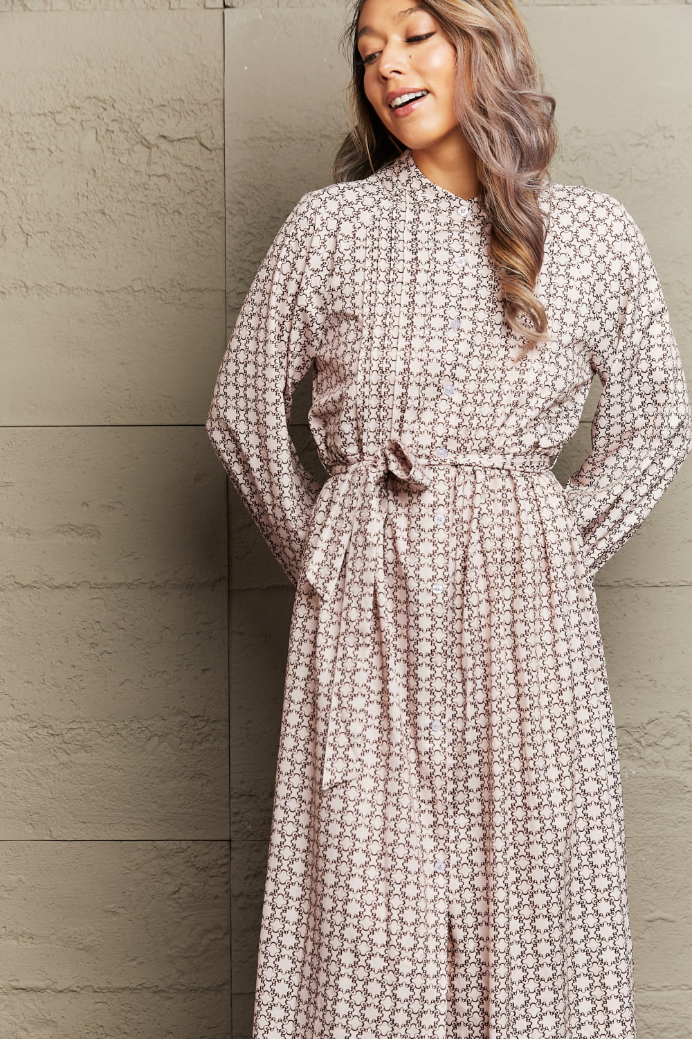 Printed Tie Waist Long Sleeve Dress - Witcheasy