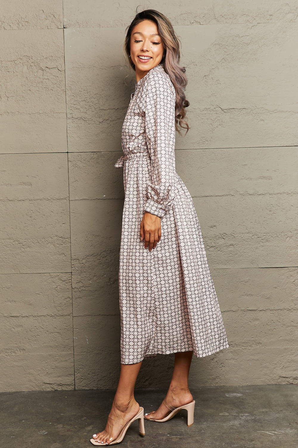Printed Tie Waist Long Sleeve Dress - Witcheasy