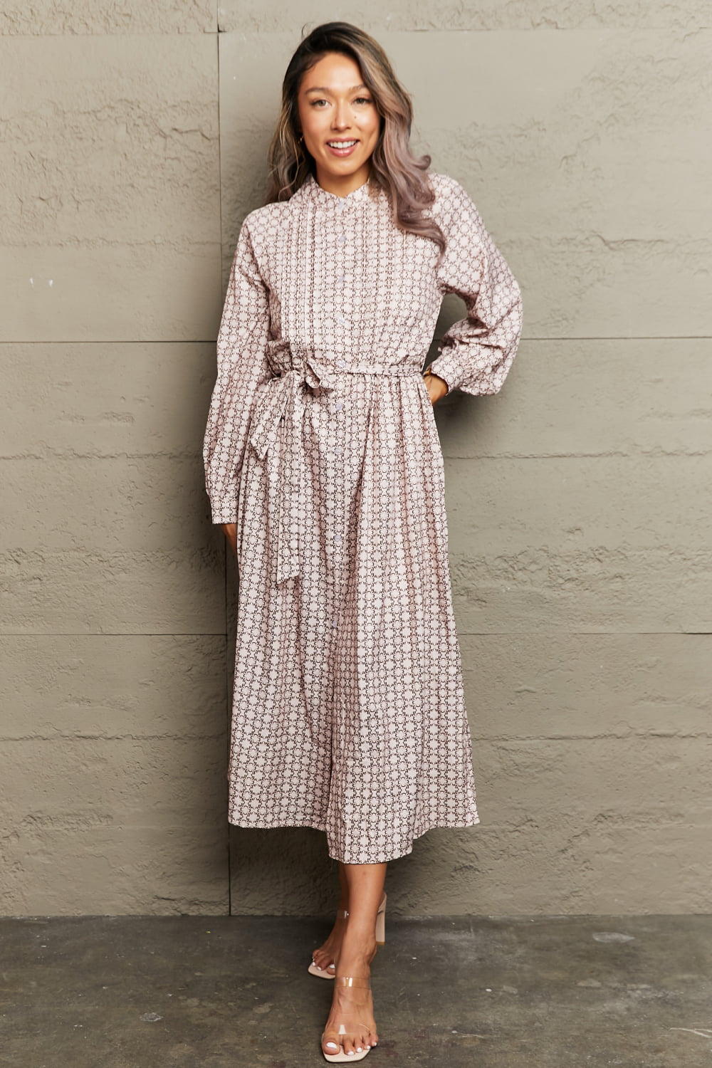 Printed Tie Waist Long Sleeve Dress - Witcheasy