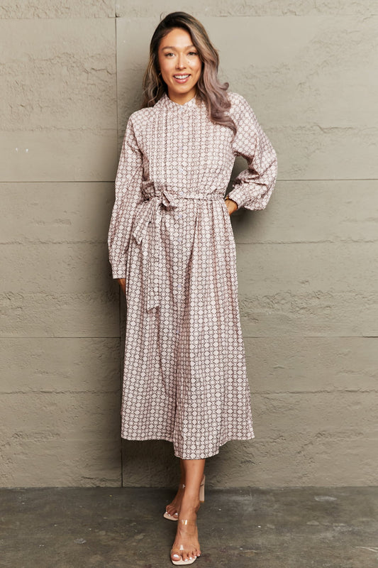 Printed Tie Waist Long Sleeve Dress - Witcheasy