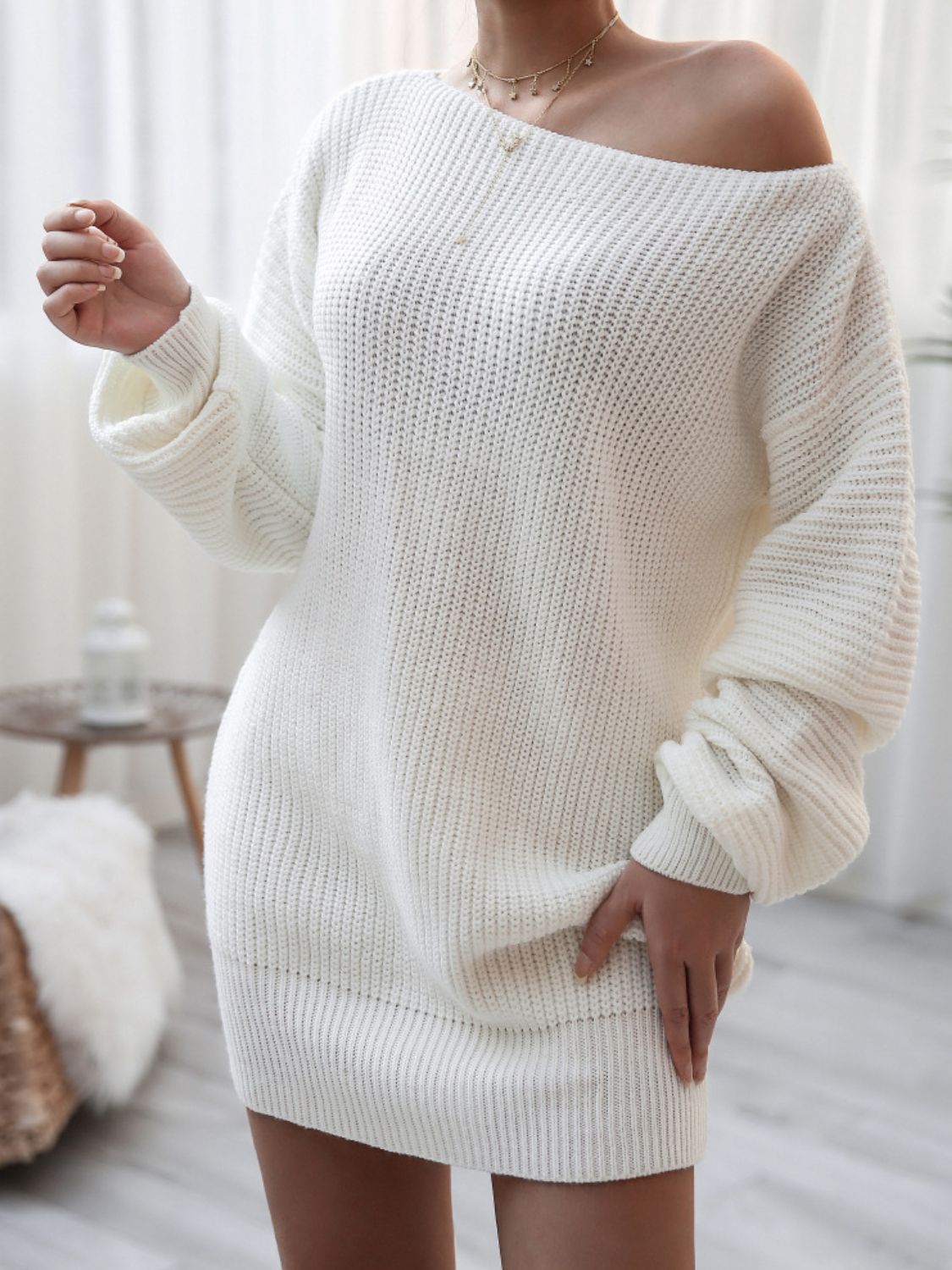 Rib-Knit Balloon Sleeve Boat Neck Sweater Dress - Witcheasy