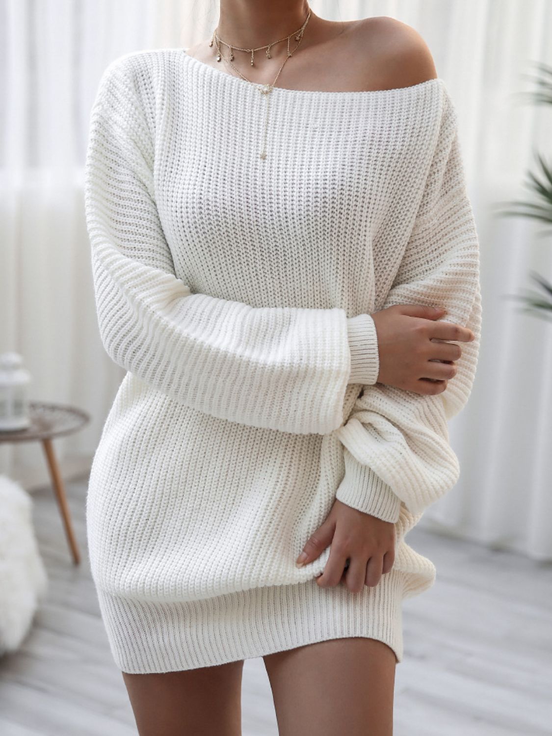 Rib-Knit Balloon Sleeve Boat Neck Sweater Dress - Witcheasy