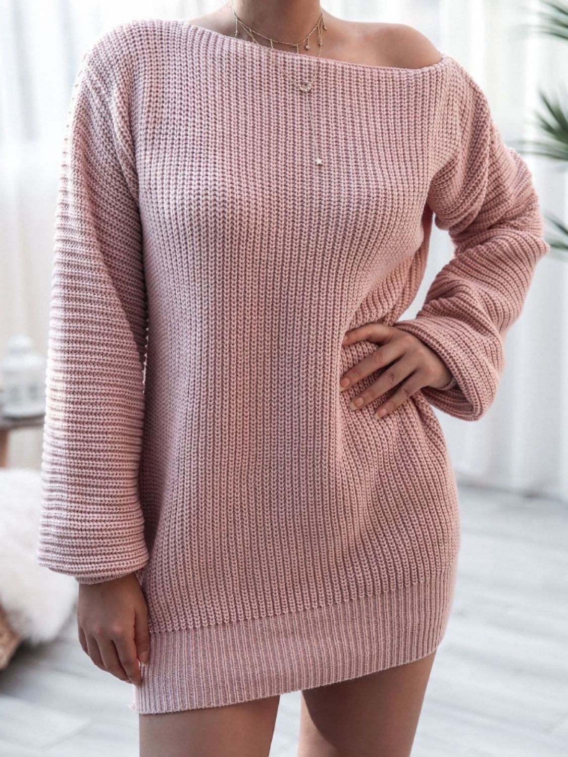 Rib-Knit Balloon Sleeve Boat Neck Sweater Dress - Witcheasy