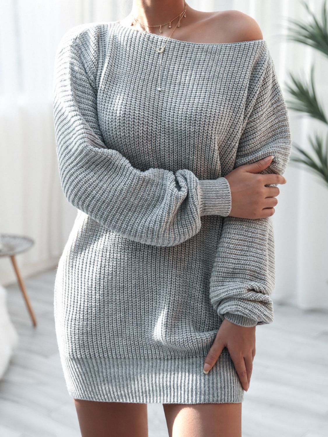 Rib-Knit Balloon Sleeve Boat Neck Sweater Dress - Witcheasy