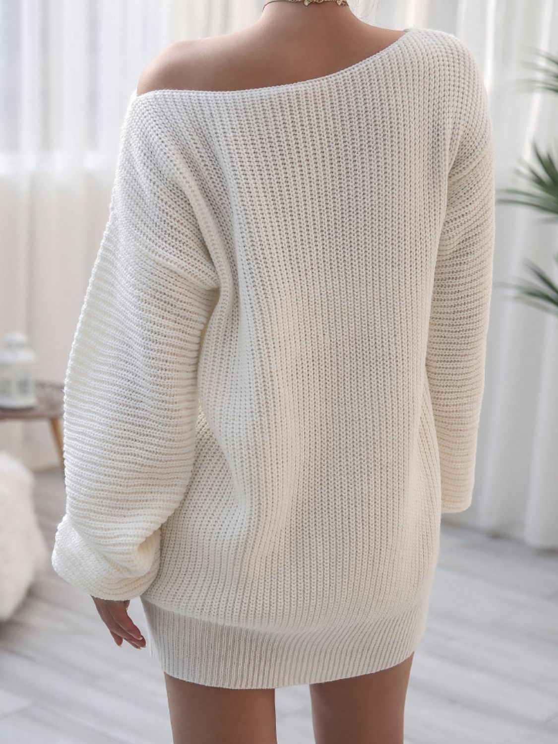 Rib-Knit Balloon Sleeve Boat Neck Sweater Dress - Witcheasy