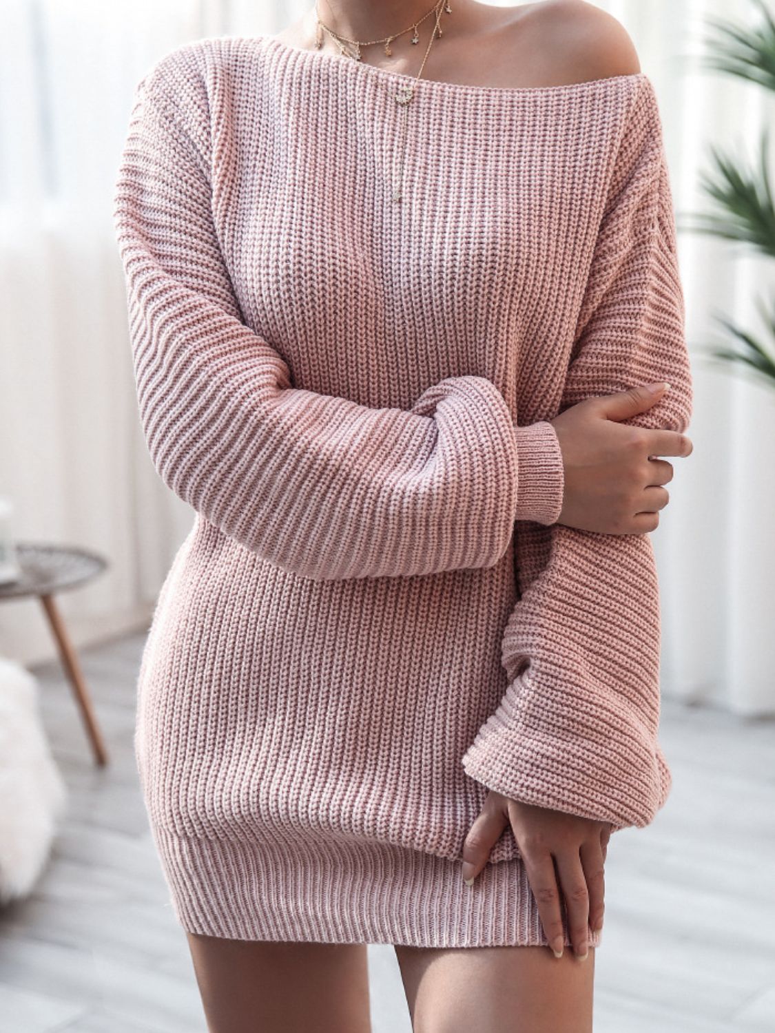 Rib-Knit Balloon Sleeve Boat Neck Sweater Dress - Witcheasy