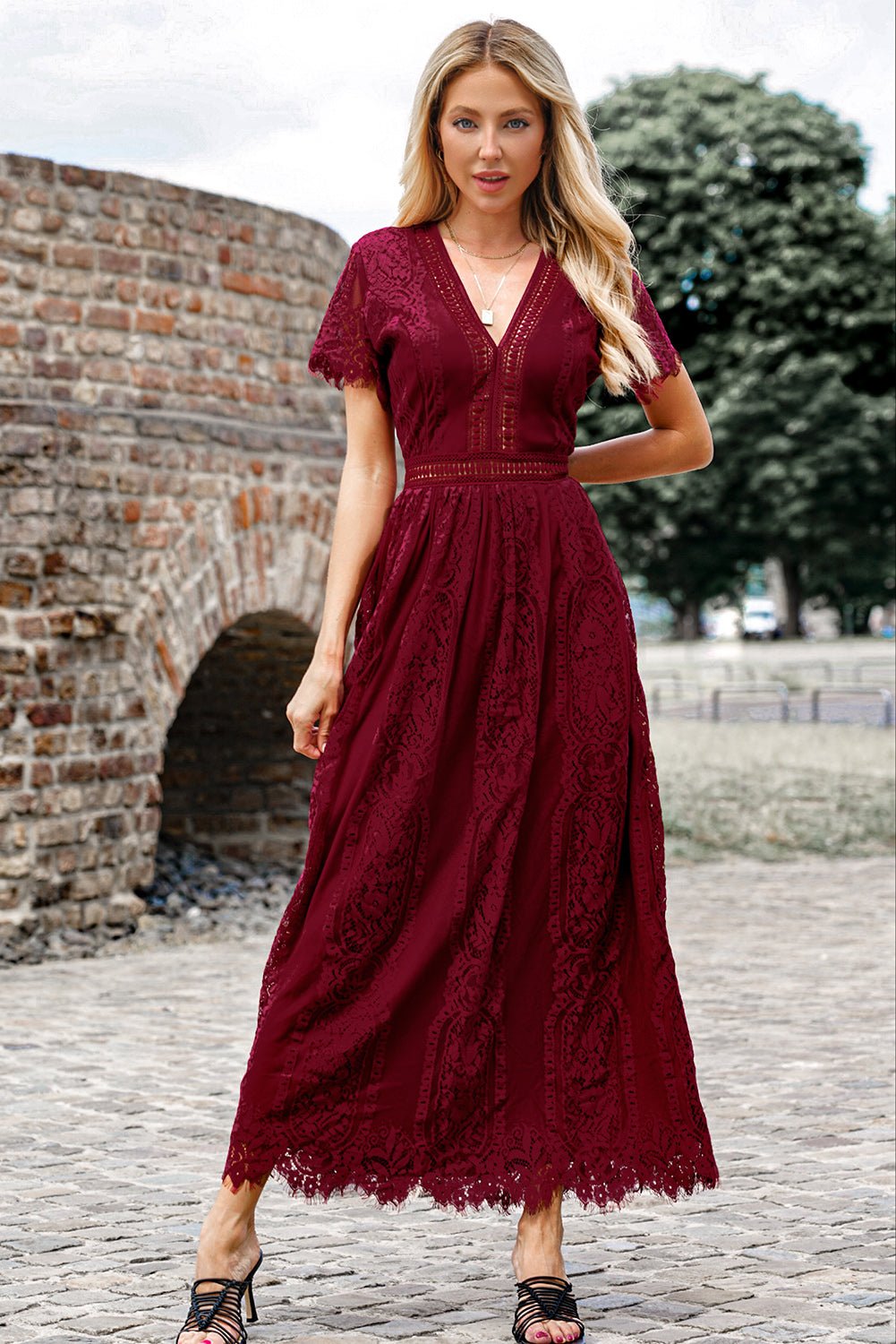 Scalloped Trim Lace Plunge Dress - Witcheasy