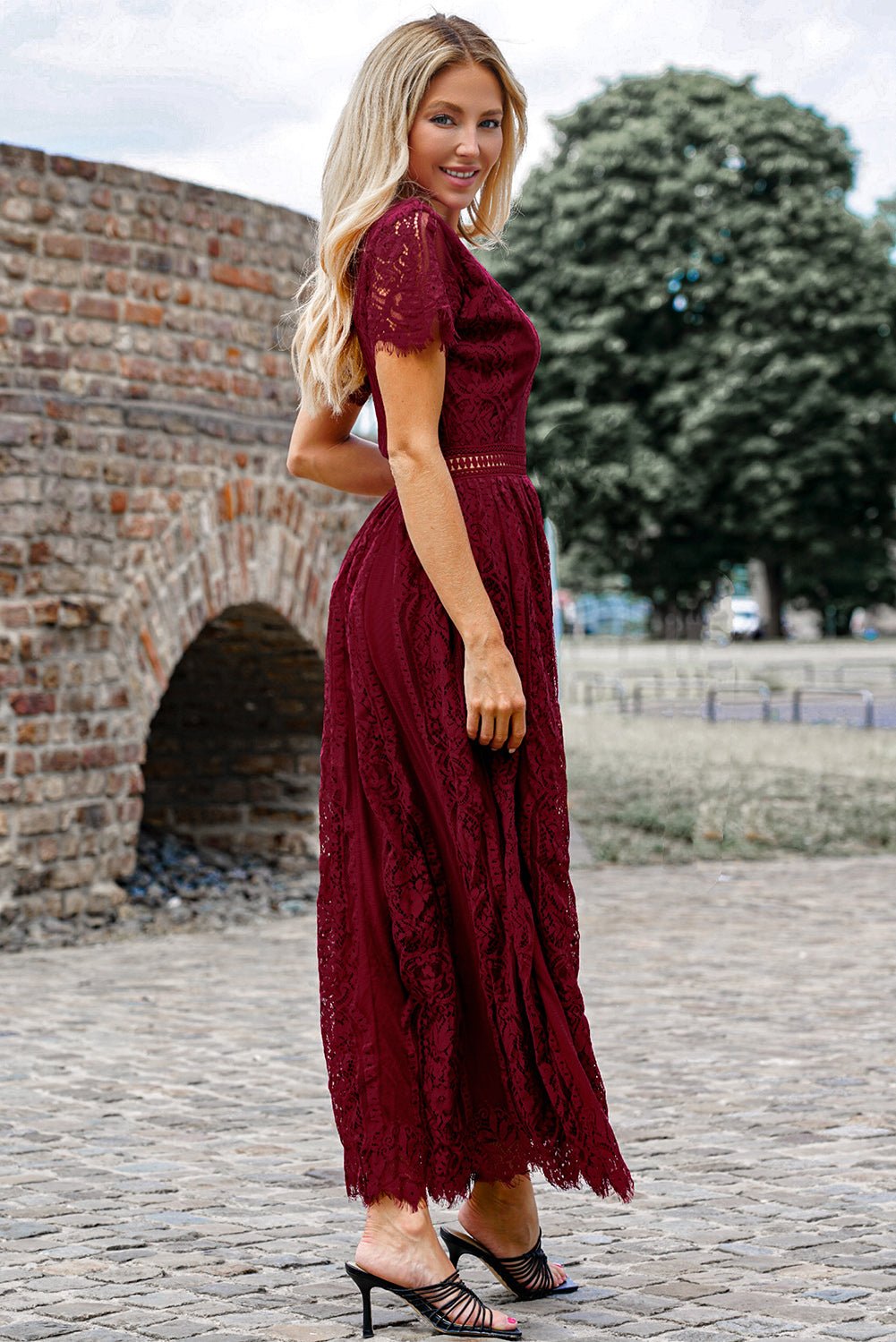 Scalloped Trim Lace Plunge Dress - Witcheasy