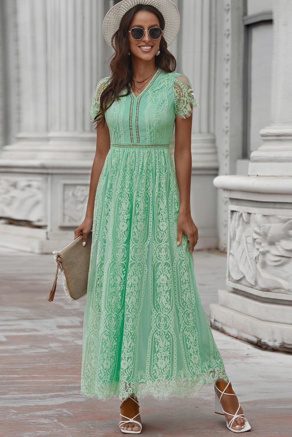 Scalloped Trim Lace Plunge Dress - Witcheasy