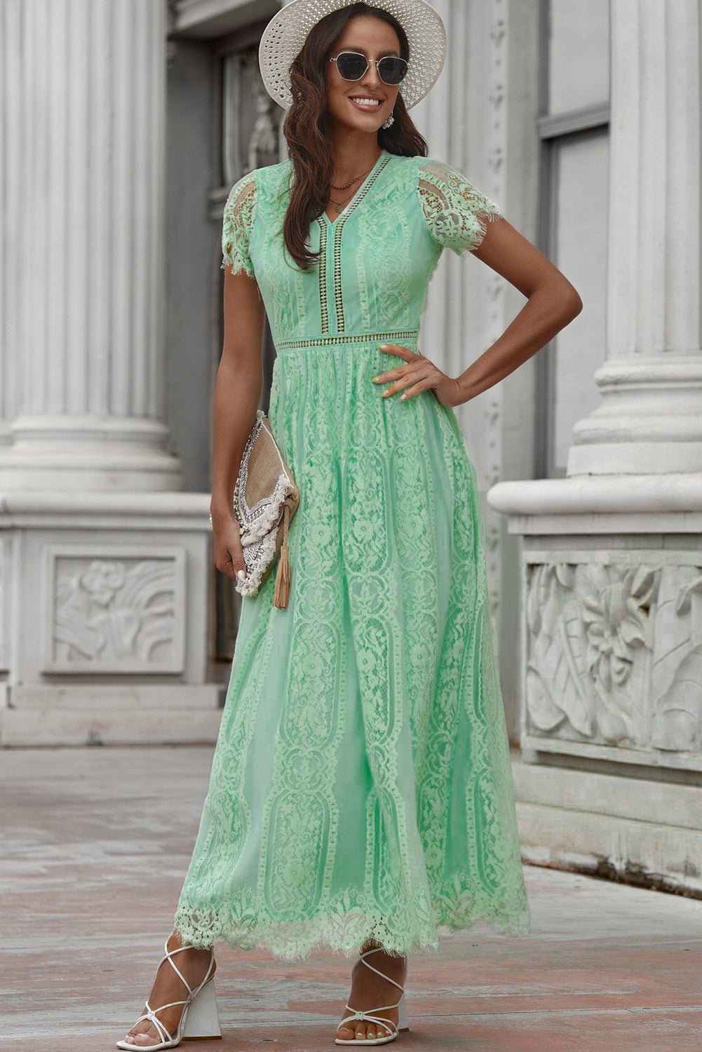 Scalloped Trim Lace Plunge Dress - Witcheasy