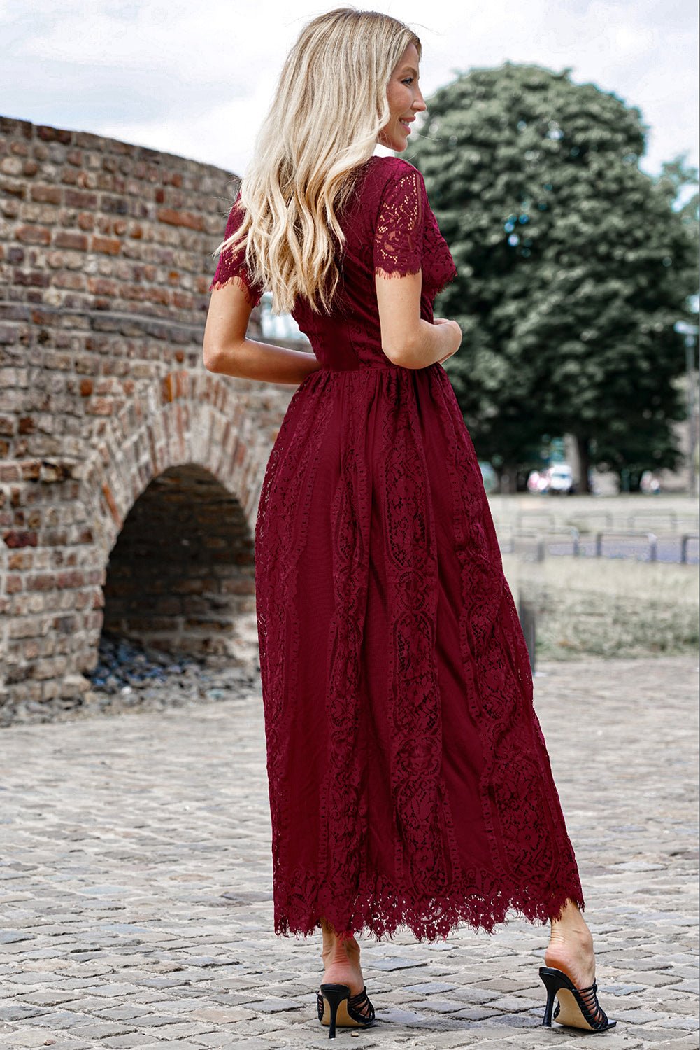 Scalloped Trim Lace Plunge Dress - Witcheasy