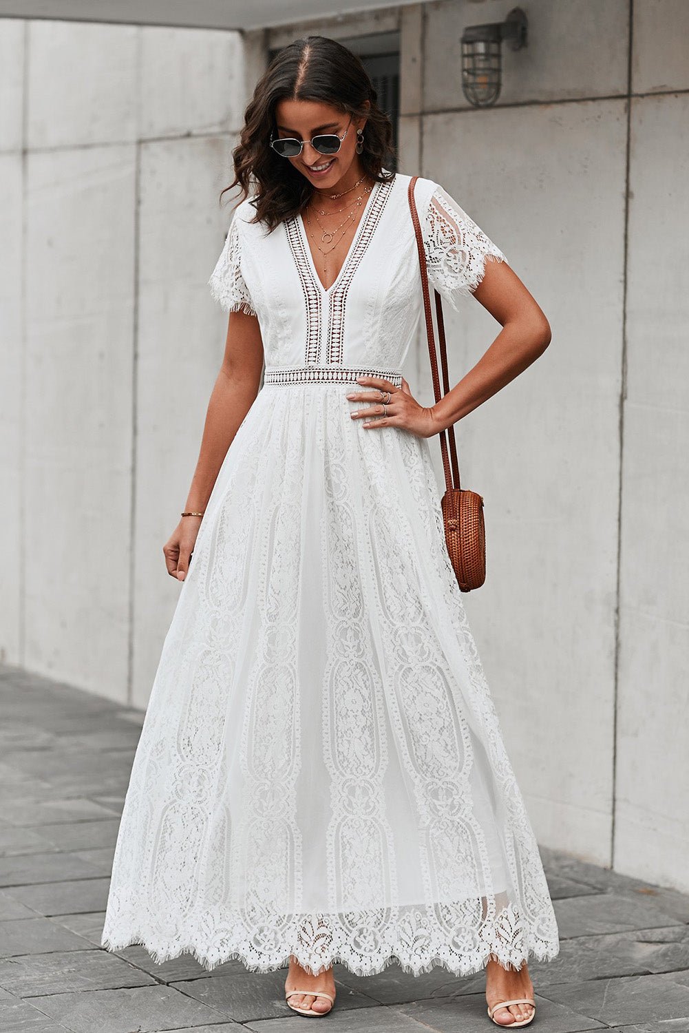 Scalloped Trim Lace Plunge Dress - Witcheasy