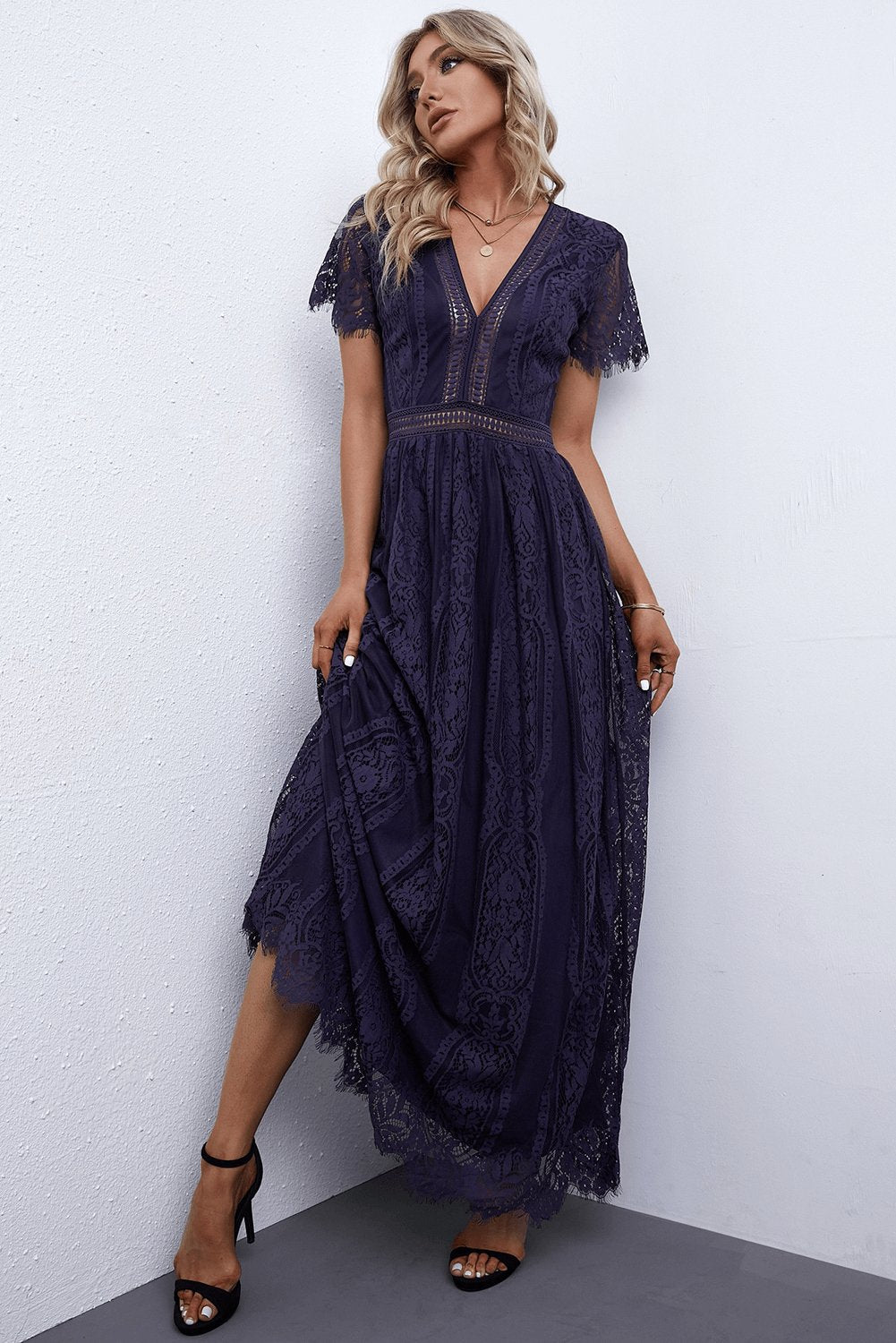 Scalloped Trim Lace Plunge Dress - Witcheasy