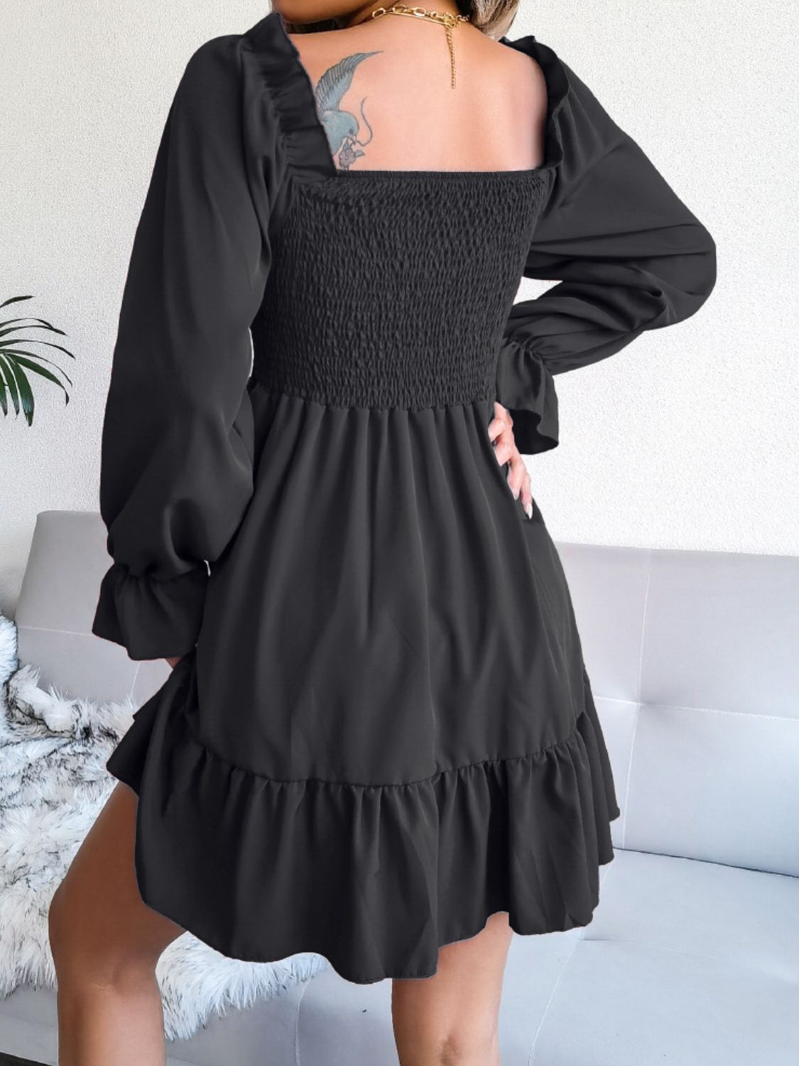 Smocked Flounce Sleeve Square Neck Dress - Witcheasy