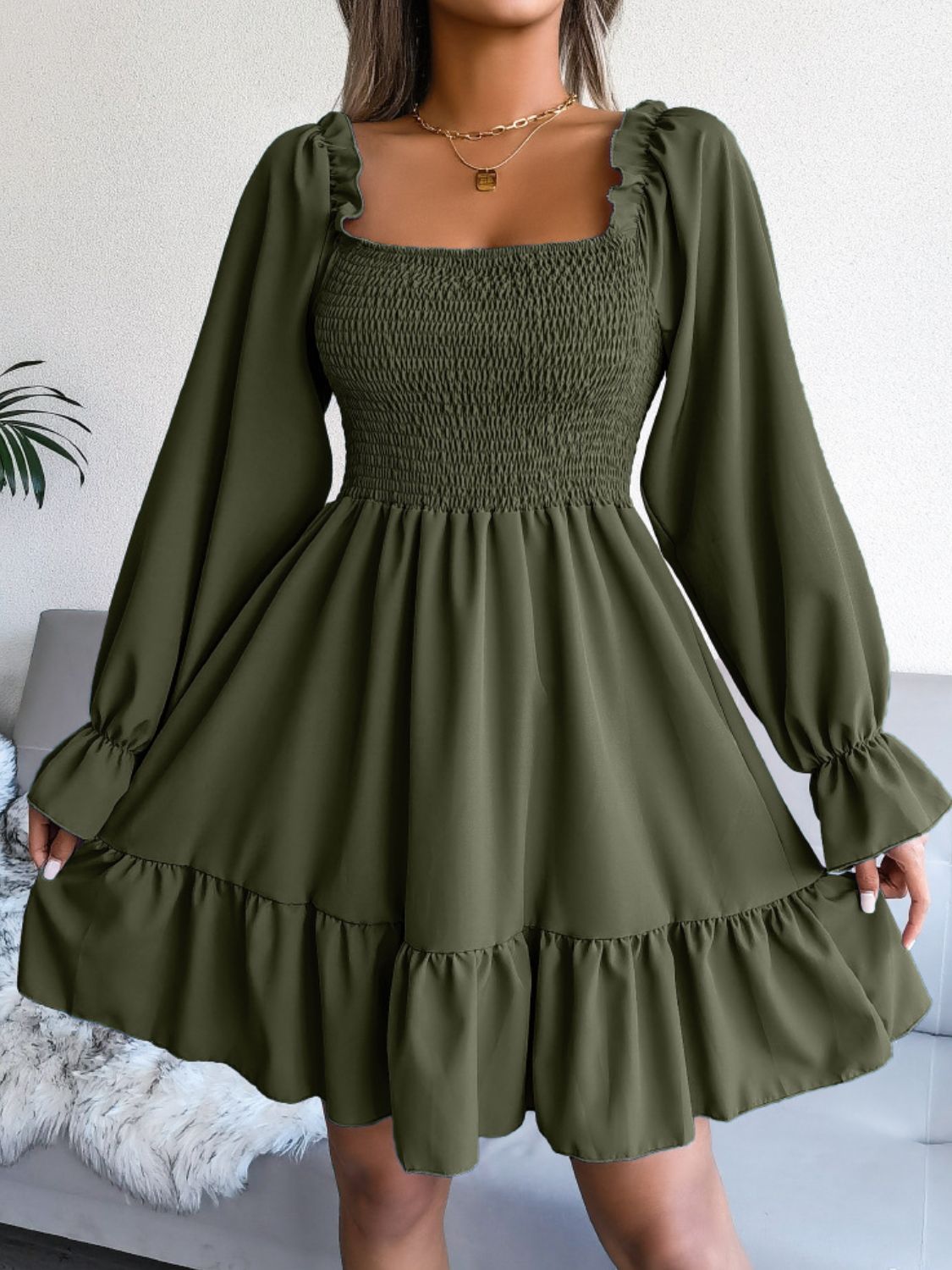 Smocked Flounce Sleeve Square Neck Dress - Witcheasy
